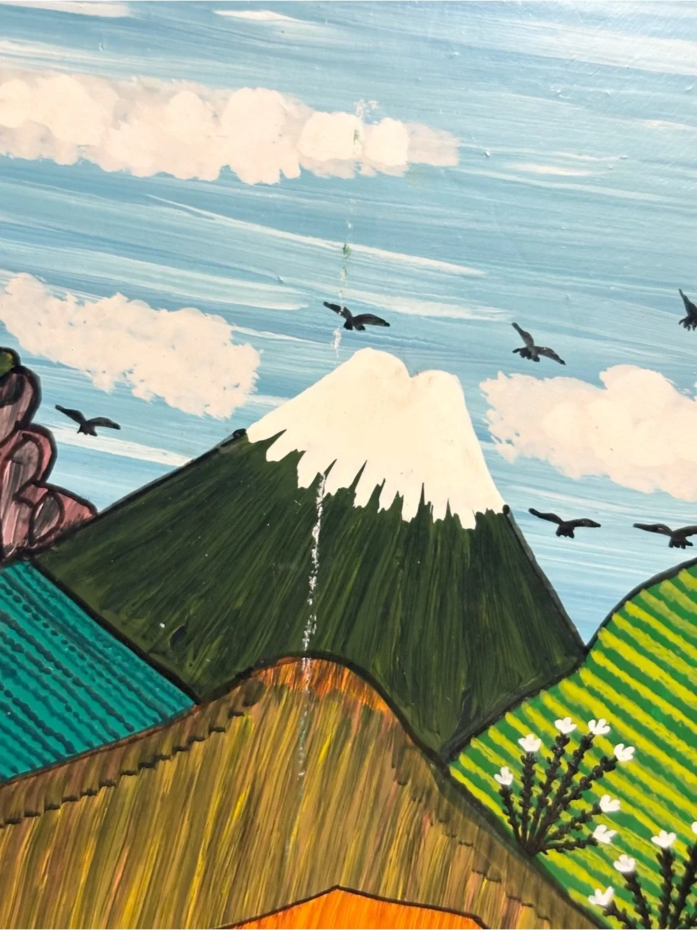 Tigua folk art traditional style of indigenous painting Andes mountains Ecuador